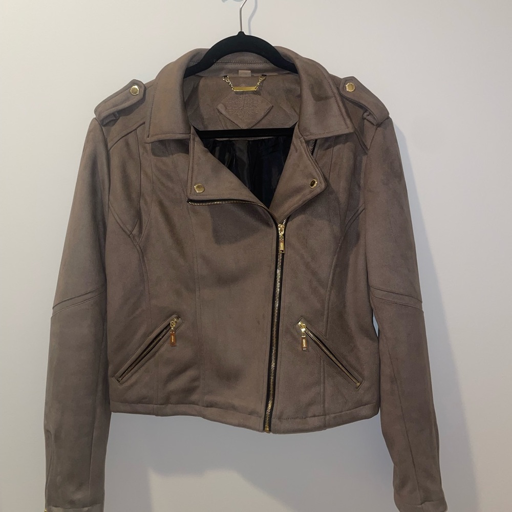 Brown suede moto jacket with gold zippers